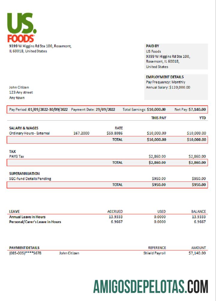 EUA EUA Foods Food Distribution Company Recibo de Pagamento amostra